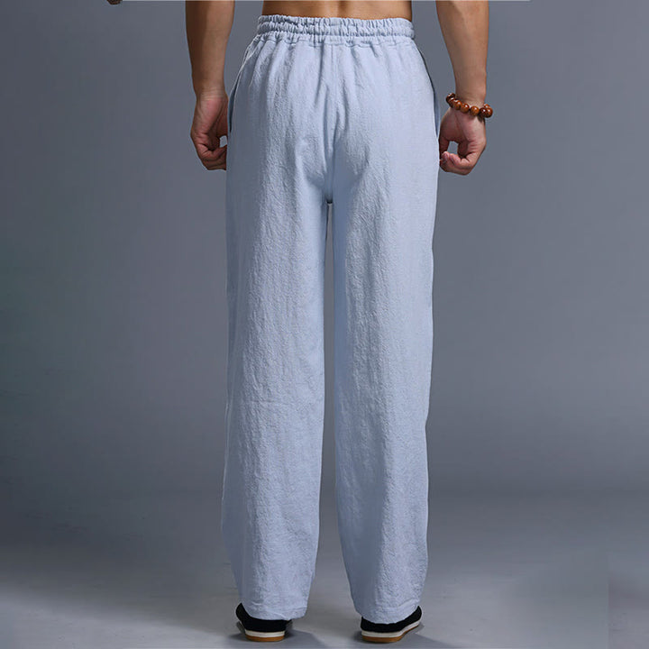 Pantaloni da uomo in lino con coulisse, casual, tinta unita , Buddha Stones, con tasche