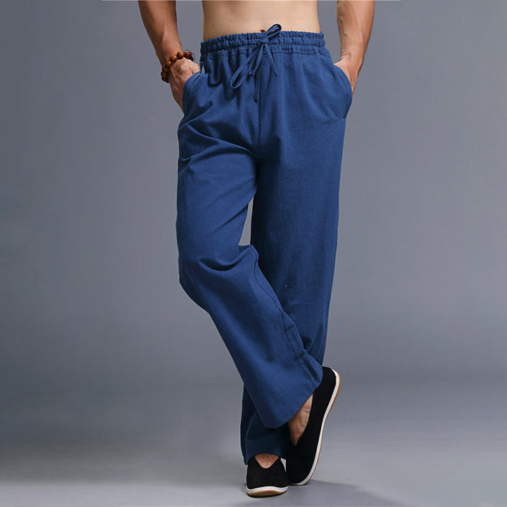 Pantaloni da uomo in lino con coulisse, casual, tinta unita , Buddha Stones, con tasche