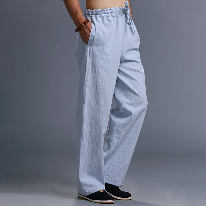 Pantaloni da uomo in lino con coulisse, casual, tinta unita , Buddha Stones, con tasche