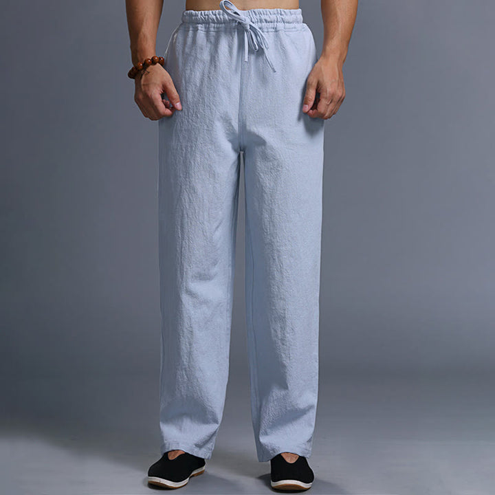 Pantaloni da uomo in lino con coulisse, casual, tinta unita , Buddha Stones, con tasche