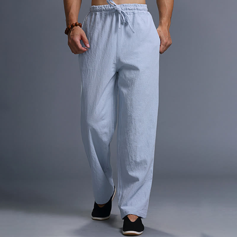 Pantaloni da uomo in lino con coulisse, casual, tinta unita , Buddha Stones, con tasche