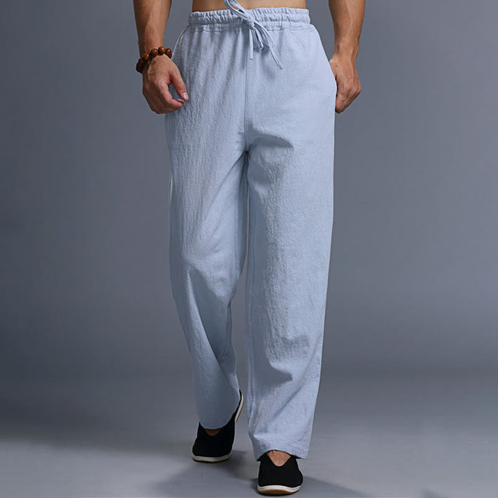 Pantaloni da uomo in lino con coulisse, casual, tinta unita , Buddha Stones, con tasche