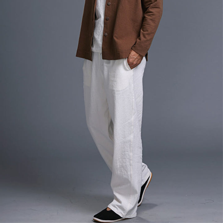 Pantaloni da uomo in lino con coulisse, casual, tinta unita , Buddha Stones, con tasche