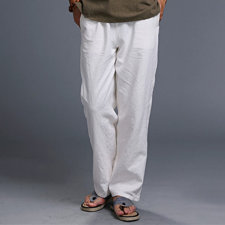 Pantaloni da uomo in lino con coulisse, casual, tinta unita , Buddha Stones, con tasche