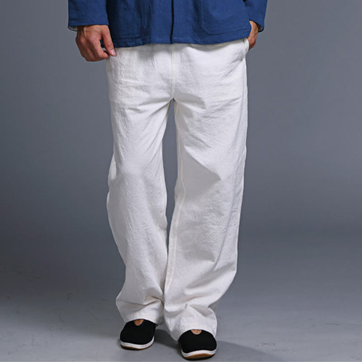Pantaloni da uomo in lino con coulisse, casual, tinta unita , Buddha Stones, con tasche