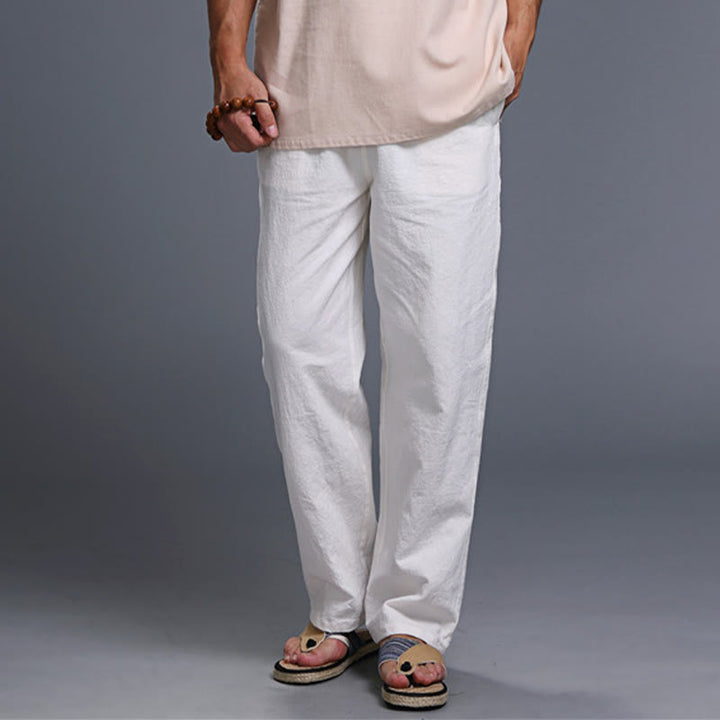 Pantaloni da uomo in lino con coulisse, casual, tinta unita , Buddha Stones, con tasche