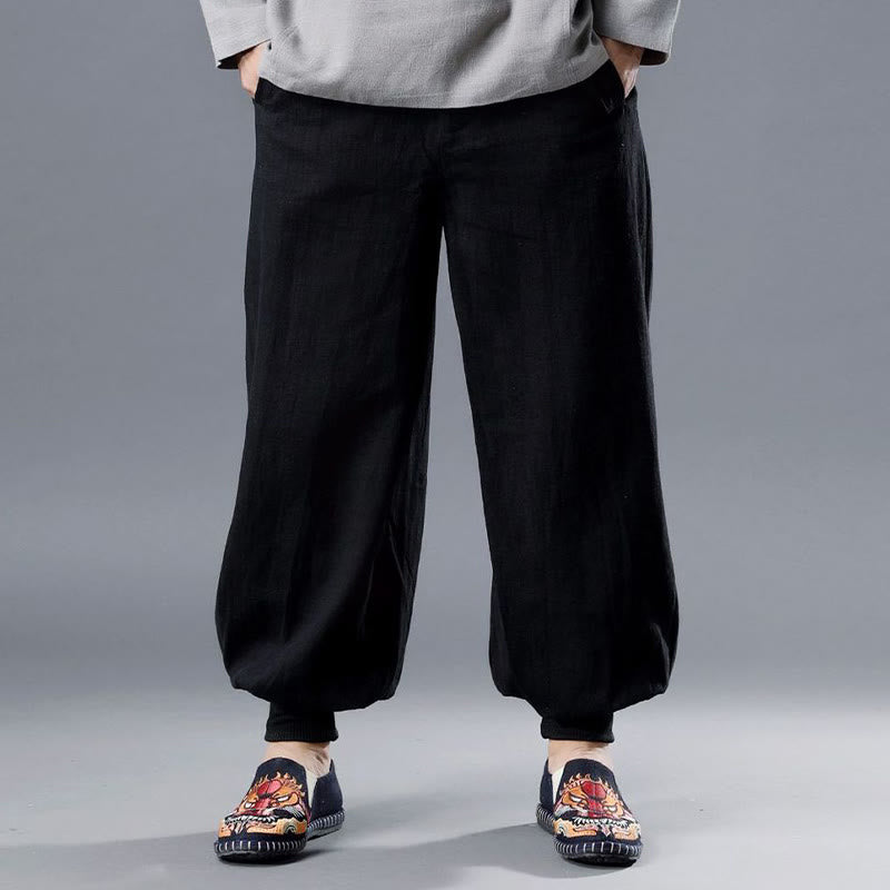 Pantaloni da uomo in lino ramiè con tasche e cerniera frontale tinta unita Buddha Stones