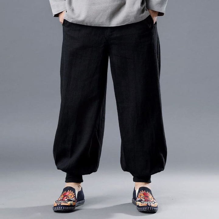 Pantaloni da uomo in lino ramiè con tasche e cerniera frontale tinta unita Buddha Stones