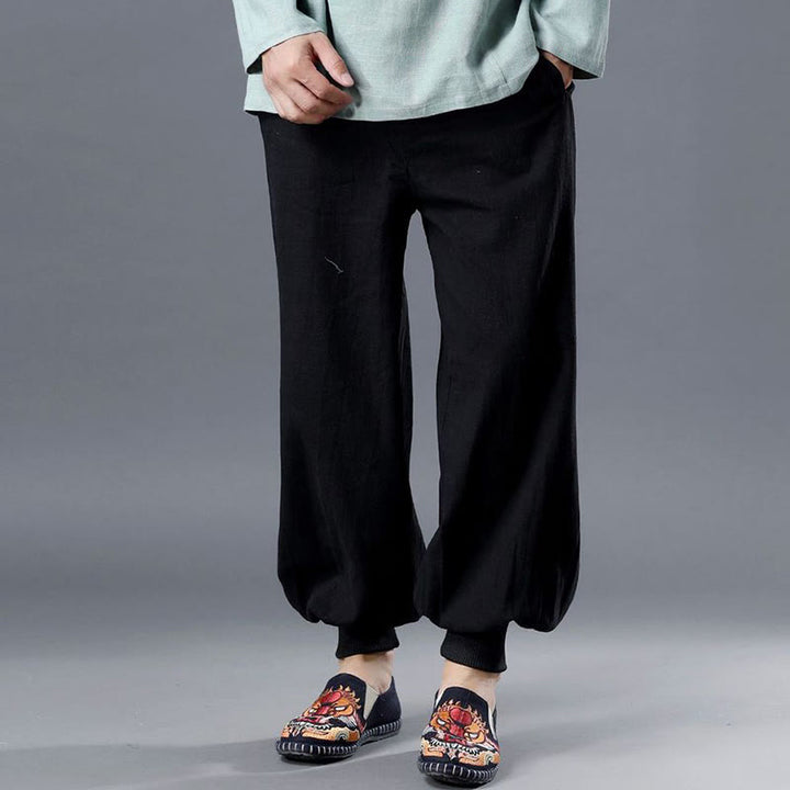 Pantaloni da uomo in lino ramiè con tasche e cerniera frontale tinta unita Buddha Stones