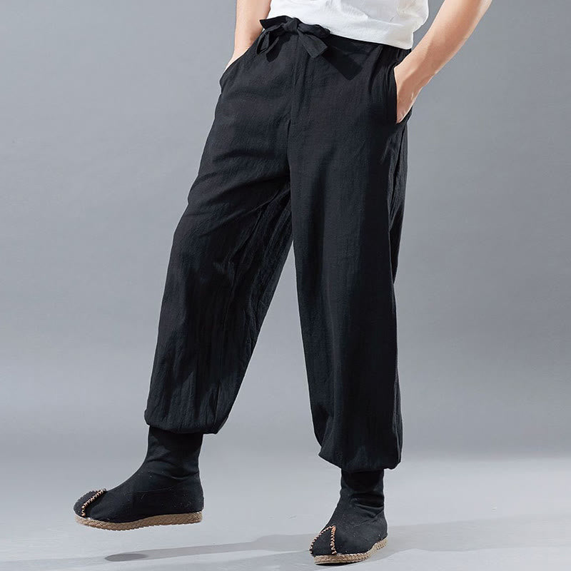 Pantaloni da uomo in lino ramiè con tasche e cerniera frontale tinta unita Buddha Stones