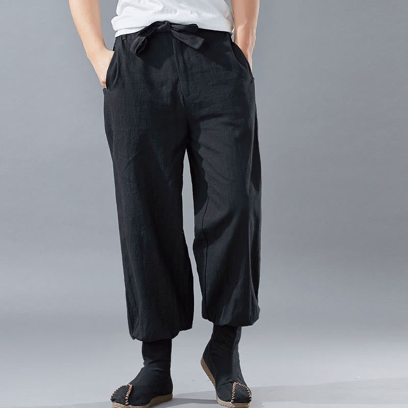 Pantaloni da uomo in lino ramiè con tasche e cerniera frontale tinta unita Buddha Stones