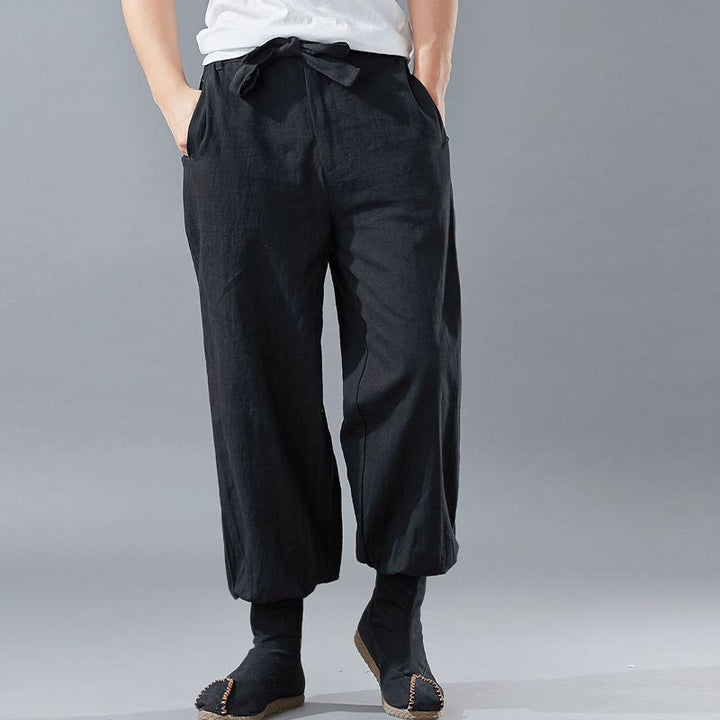 Pantaloni da uomo in lino ramiè con tasche e cerniera frontale tinta unita Buddha Stones