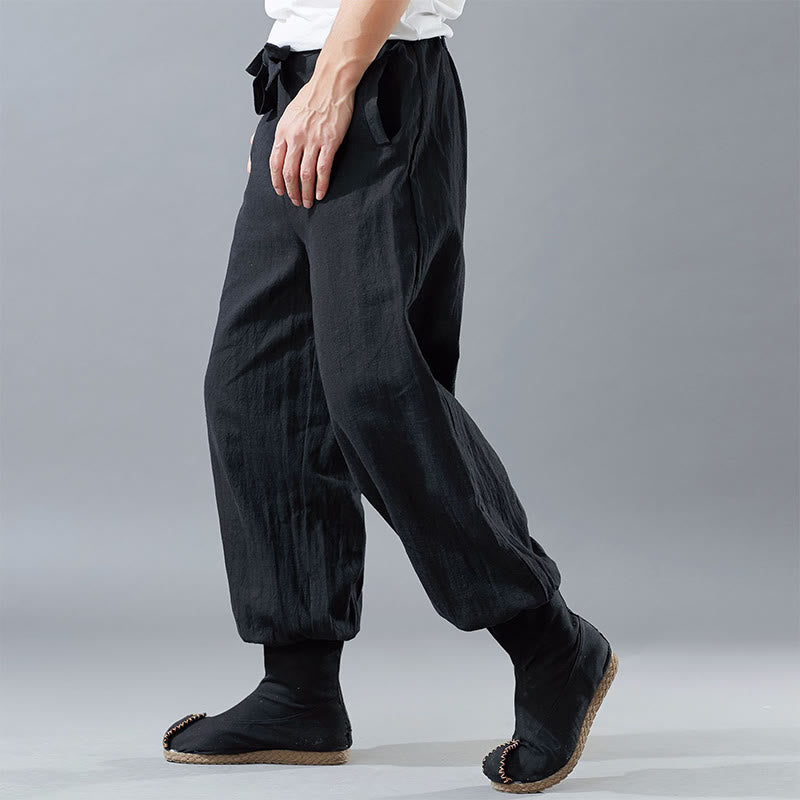 Pantaloni da uomo in lino ramiè con tasche e cerniera frontale tinta unita Buddha Stones