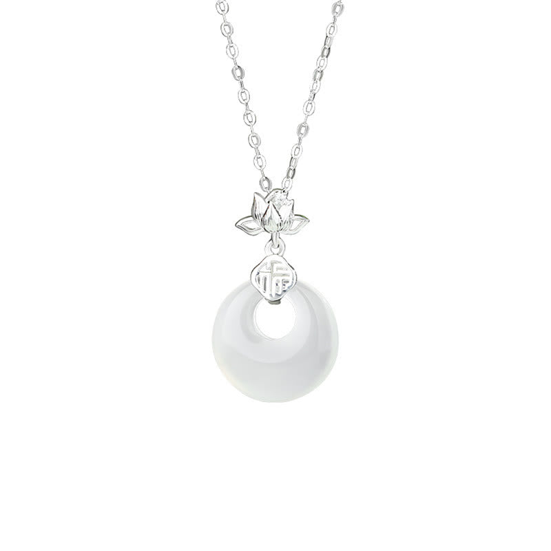 Buddha Stones Calcedonio Argento Sterling 925 Fiore di Loto Fu Carattere Fibbia della Pace Collana Pendente Positivo - image 1