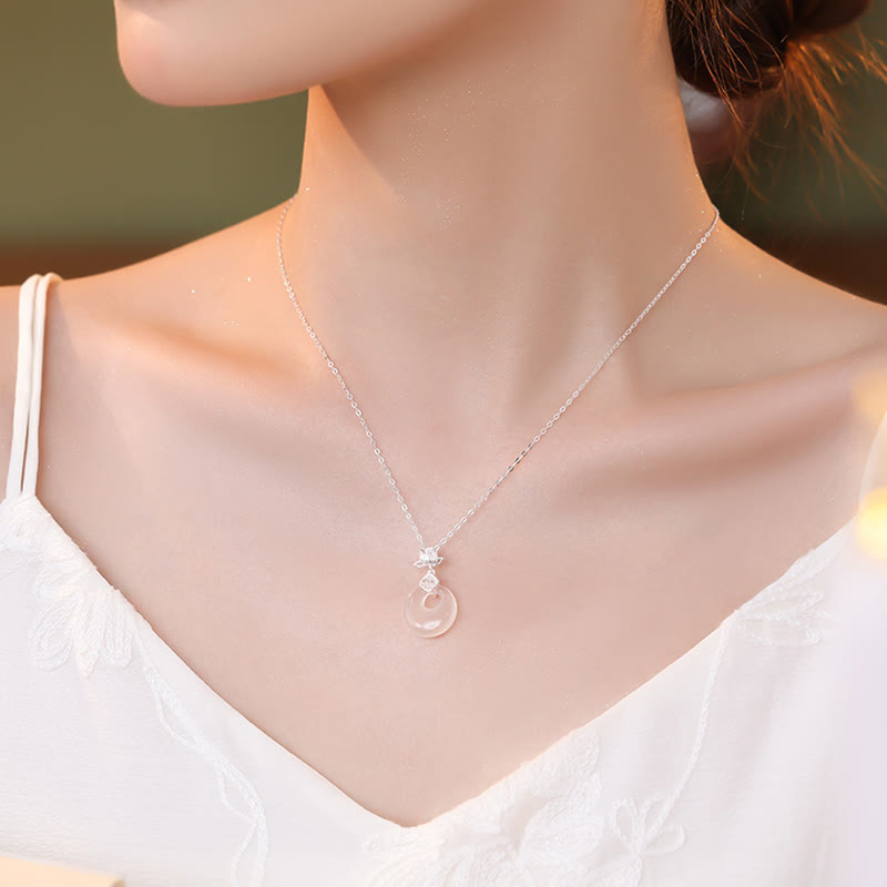 Buddha Stones Calcedonio Argento Sterling 925 Fiore di Loto Fu Carattere Fibbia della Pace Collana Pendente Positivo - image 3