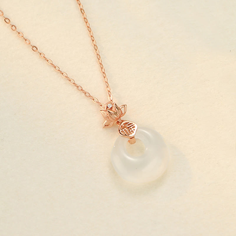 Buddha Stones Calcedonio Argento Sterling 925 Fiore di Loto Fu Carattere Fibbia della Pace Collana Pendente Positivo - Oro rosa - image 9