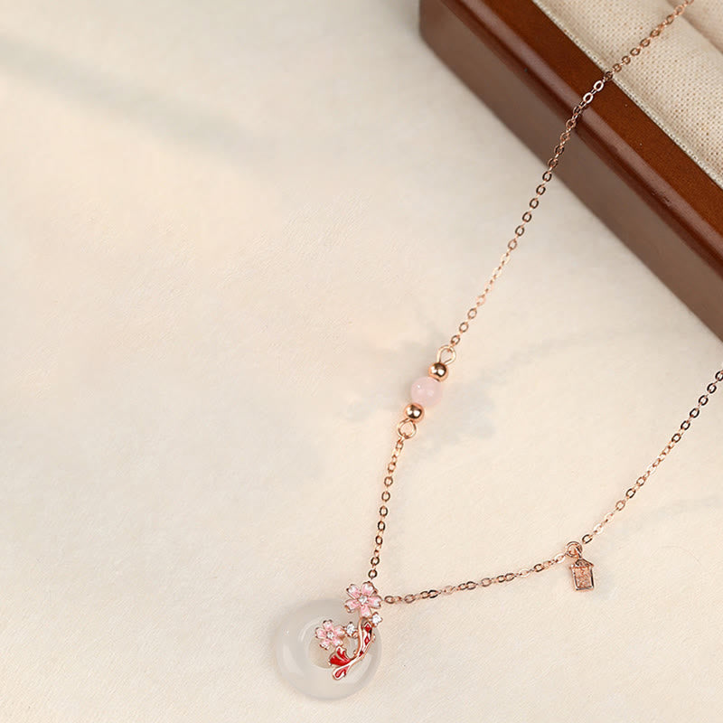 Buddha Stones Calcedonio Cristallo rosa Argento Sterling 925 Fiori Pesce Koi Fibbia della pace Collana pendente positivo - image 1