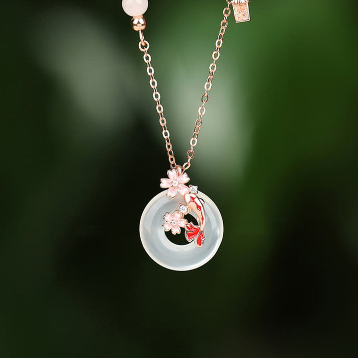 Buddha Stones Calcedonio Cristallo rosa Argento Sterling 925 Fiori Pesce Koi Fibbia della pace Collana pendente positivo - Calcedonio Argento Sterling 925 - image 1