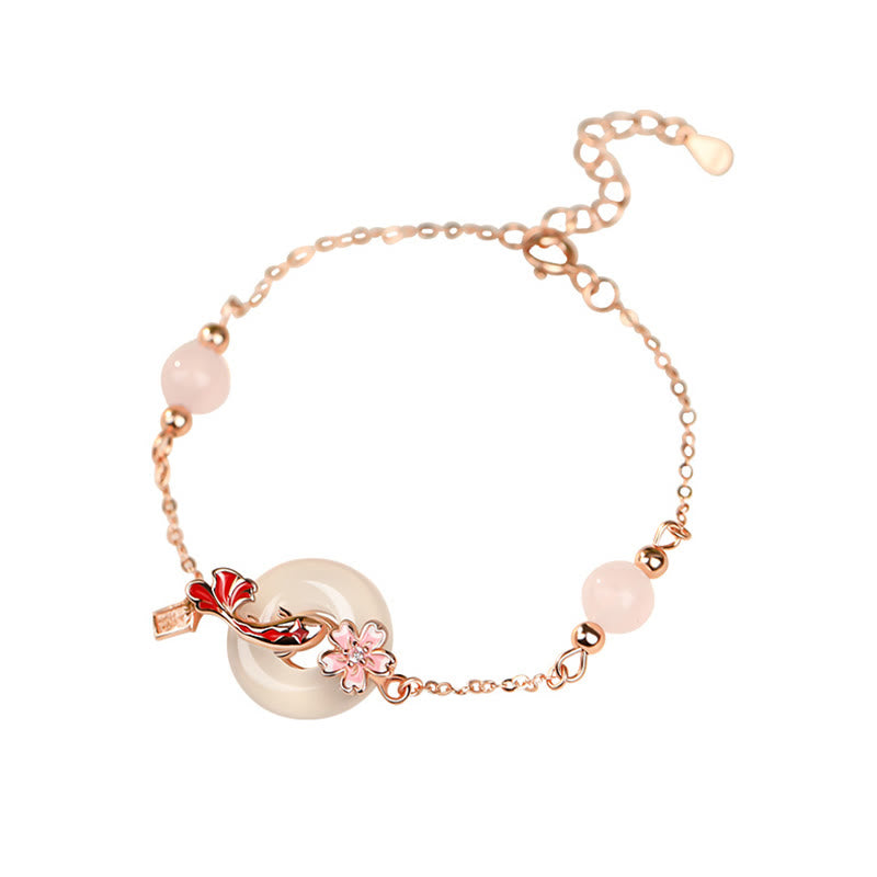 Buddha Stones Calcedonio Cristallo rosa Argento Sterling 925 Fiori Koi Pesce Fibbia della pace Braccialetto positivo