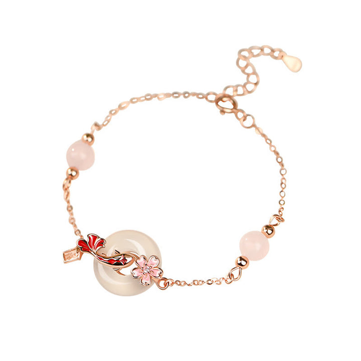Buddha Stones Calcedonio Cristallo rosa Argento Sterling 925 Fiori Koi Pesce Fibbia della pace Braccialetto positivo