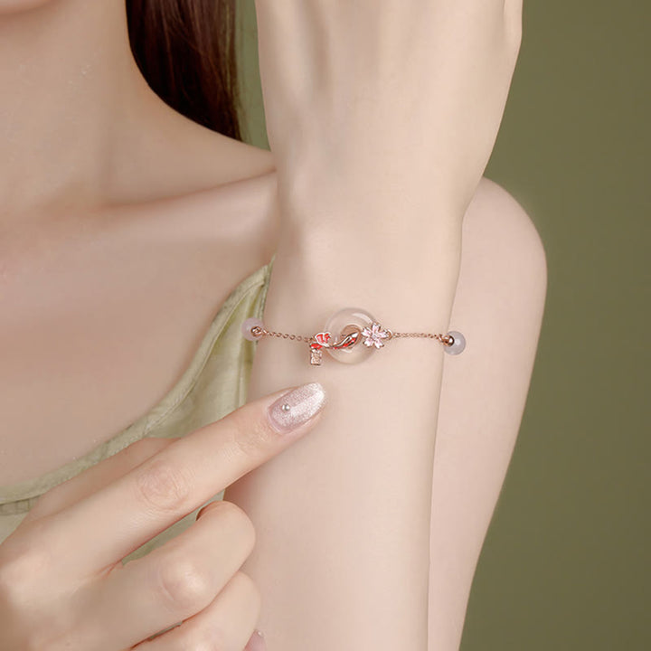 Buddha Stones Calcedonio Cristallo rosa Argento Sterling 925 Fiori Koi Pesce Fibbia della pace Braccialetto positivo - image 3