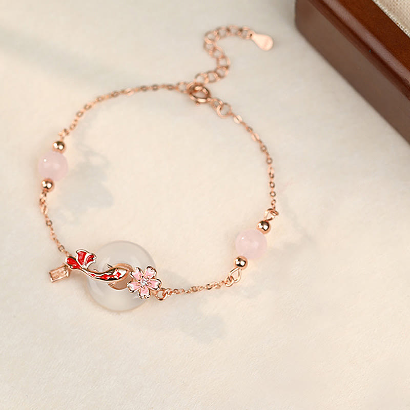 Buddha Stones Calcedonio Cristallo rosa Argento Sterling 925 Fiori Koi Pesce Fibbia della pace Braccialetto positivo - image 1