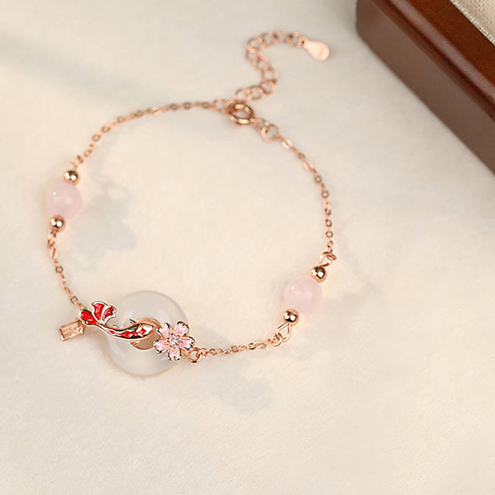 Buddha Stones Calcedonio Cristallo rosa Argento Sterling 925 Fiori Koi Pesce Fibbia della pace Braccialetto positivo - image 1