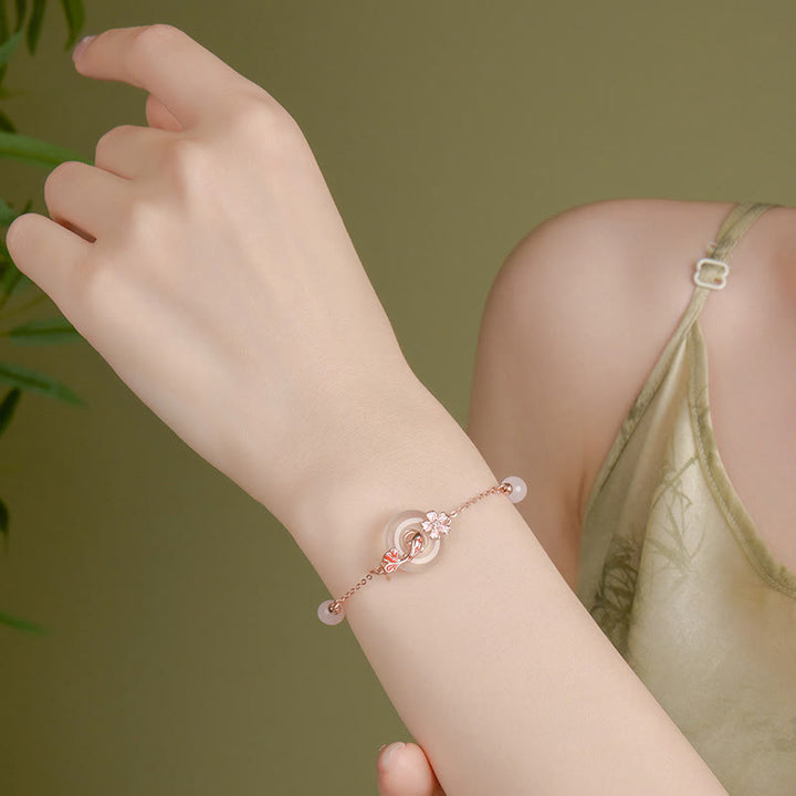 Buddha Stones Calcedonio Cristallo rosa Argento Sterling 925 Fiori Koi Pesce Fibbia della pace Braccialetto positivo