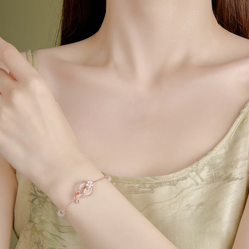 Buddha Stones Calcedonio Cristallo rosa Argento Sterling 925 Fiori Koi Pesce Fibbia della pace Braccialetto positivo - image 4