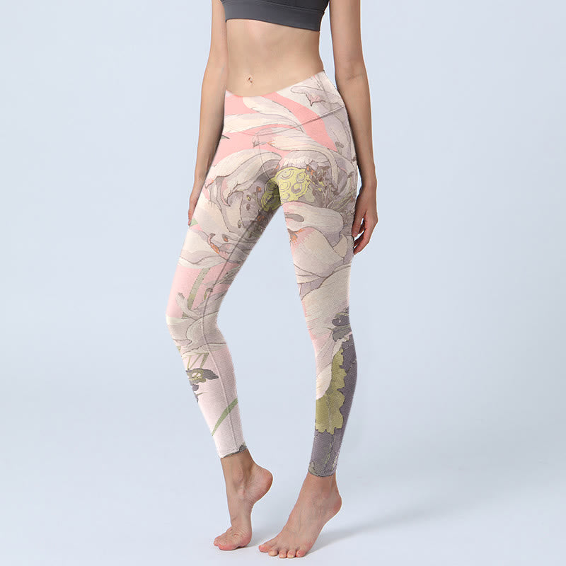 Leggings da palestra con stampa di loto bianco appassito Buddha Stones , pantaloni da yoga da donna - Rosa - US18, UK/AU22, EU50 (4XL) - image 1