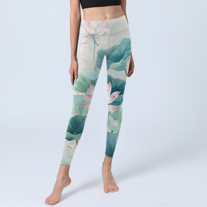 Leggings da palestra con stampa di Buddha Stones di loto bianco e rosa in fiore, pantaloni da yoga da donna - image 6
