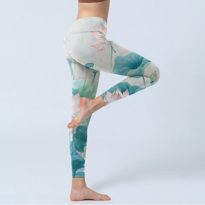 Leggings da palestra con stampa di Buddha Stones di loto bianco e rosa in fiore, pantaloni da yoga da donna - image 5