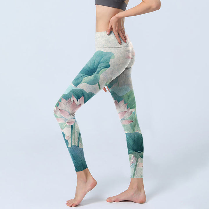 Leggings da palestra con stampa di Buddha Stones di loto bianco e rosa in fiore, pantaloni da yoga da donna - image 3