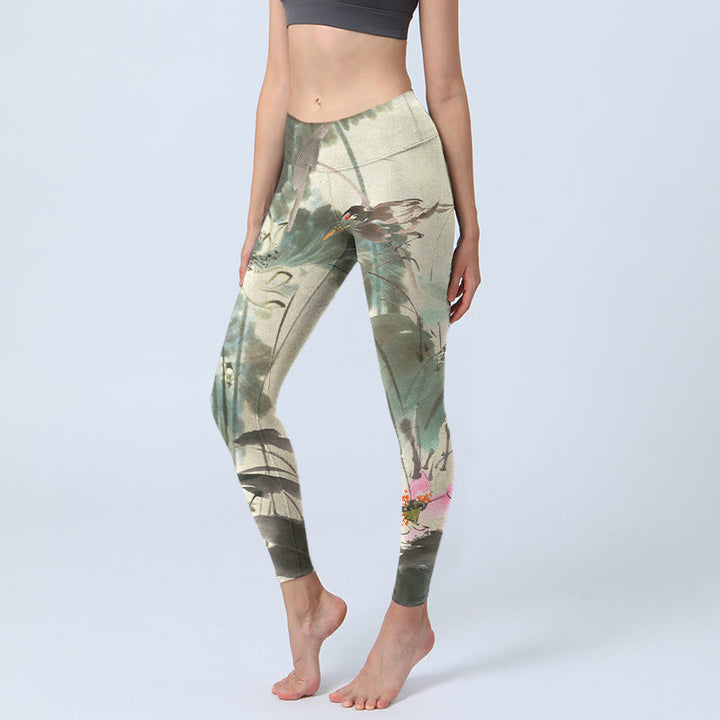 Leggings da palestra con stampa di Buddha Stones di bambù e loto, pantaloni da yoga da donna - Beige - US18, UK/AU22, EU50 (4XL) - image 1
