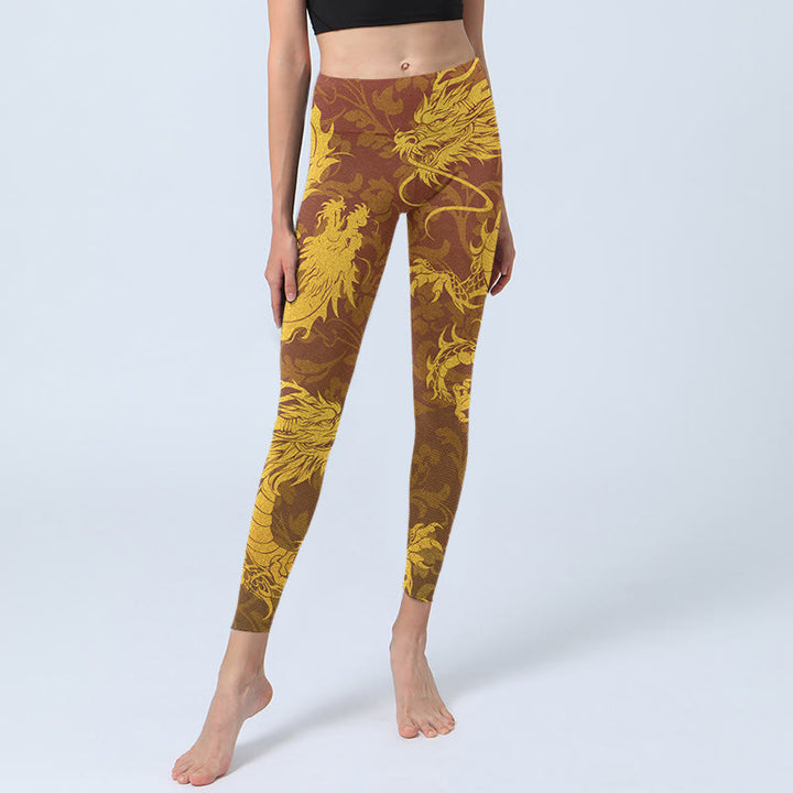 Leggings da palestra con stampa di fiori di drago dorato Buddha Stones, pantaloni da yoga da donna - image 6