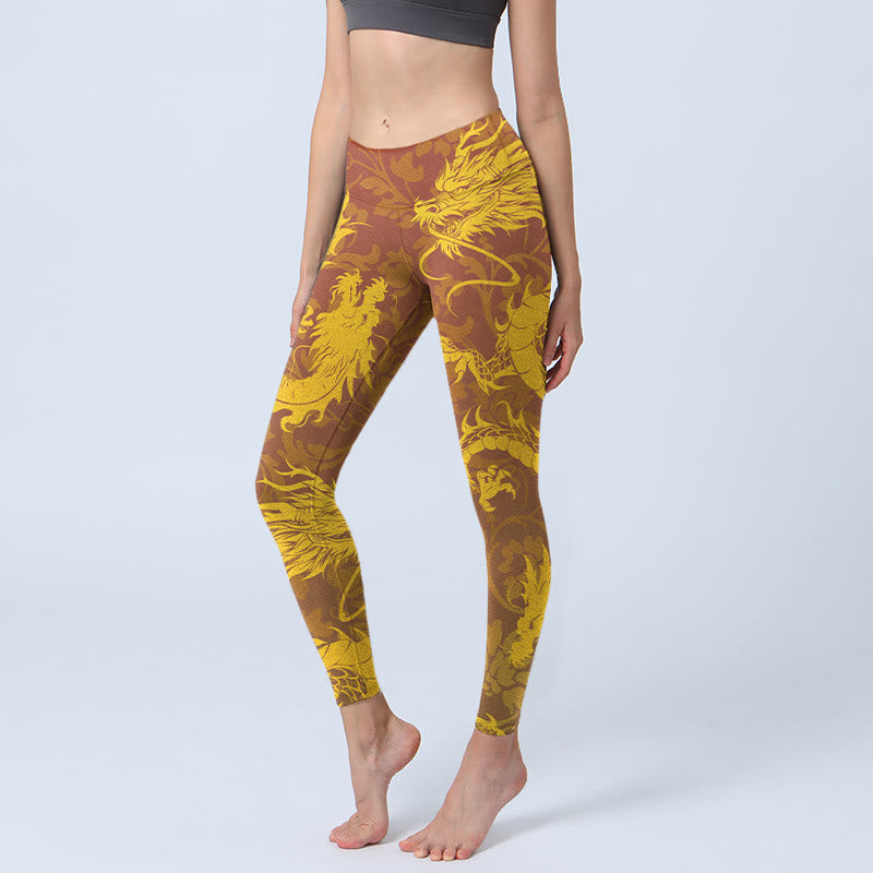 Leggings da palestra con stampa di fiori di drago dorato Buddha Stones, pantaloni da yoga da donna - Oro - US18, UK/AU22, EU50 (4XL) - image 0