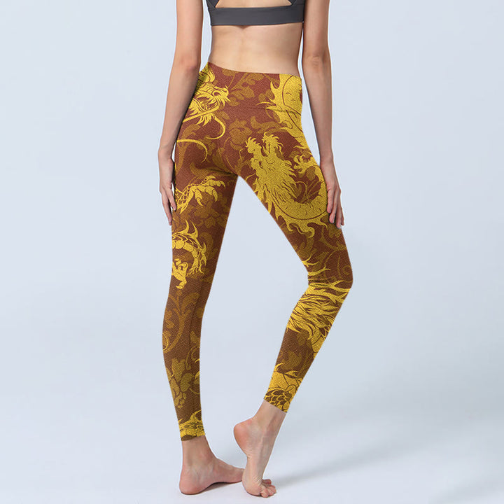 Leggings da palestra con stampa di fiori di drago dorato Buddha Stones, pantaloni da yoga da donna - image 5