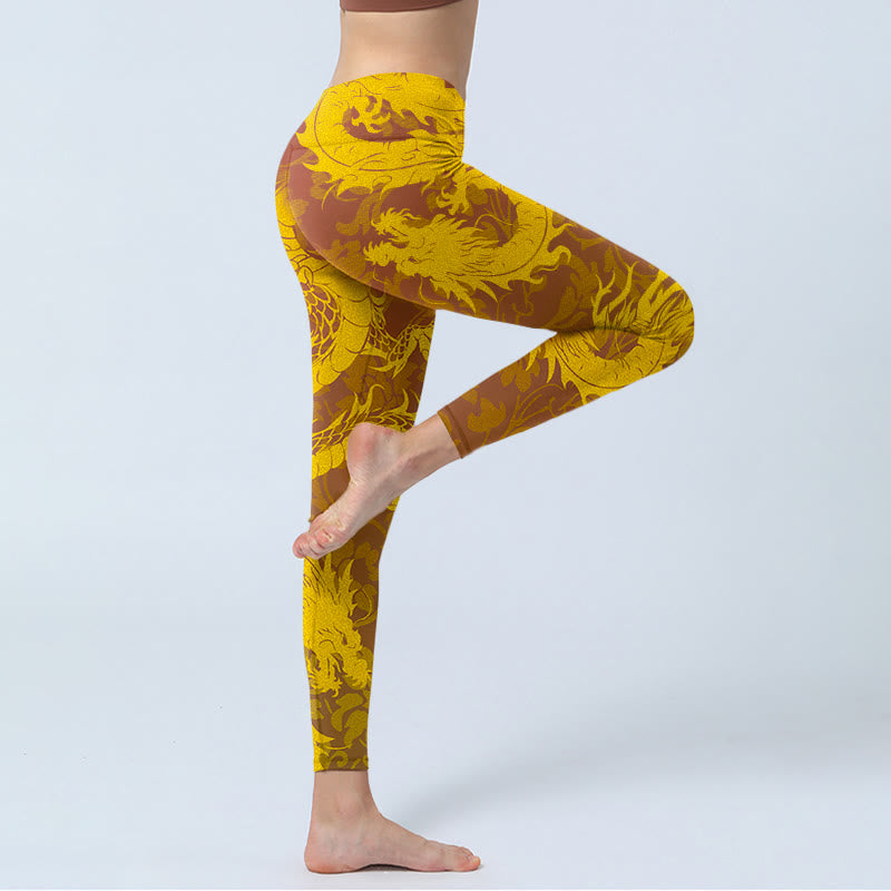 Leggings da palestra con stampa di fiori di drago dorato Buddha Stones, pantaloni da yoga da donna - image 3