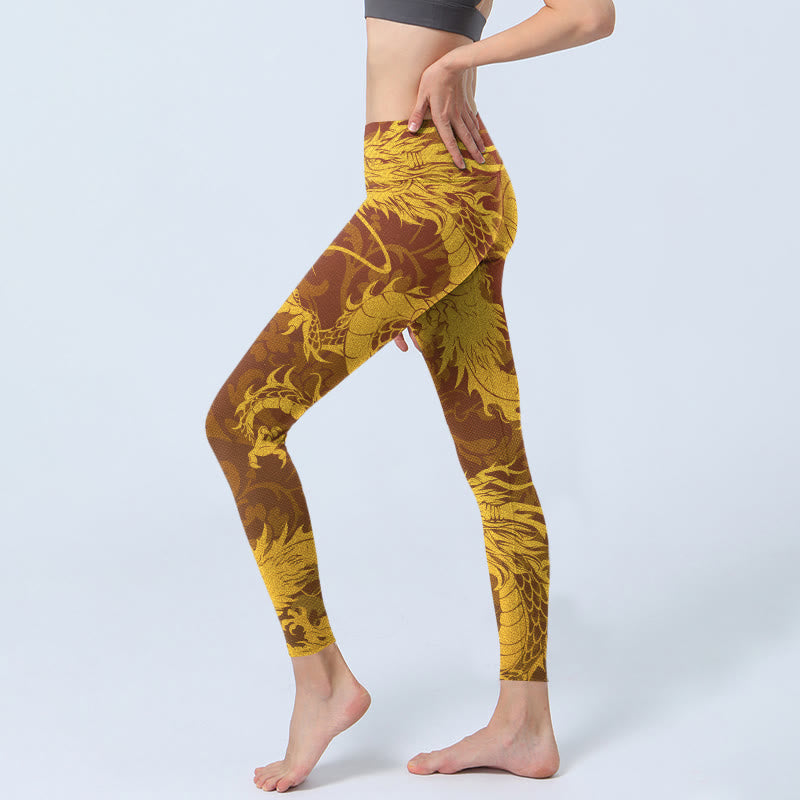Leggings da palestra con stampa di fiori di drago dorato Buddha Stones, pantaloni da yoga da donna - image 3