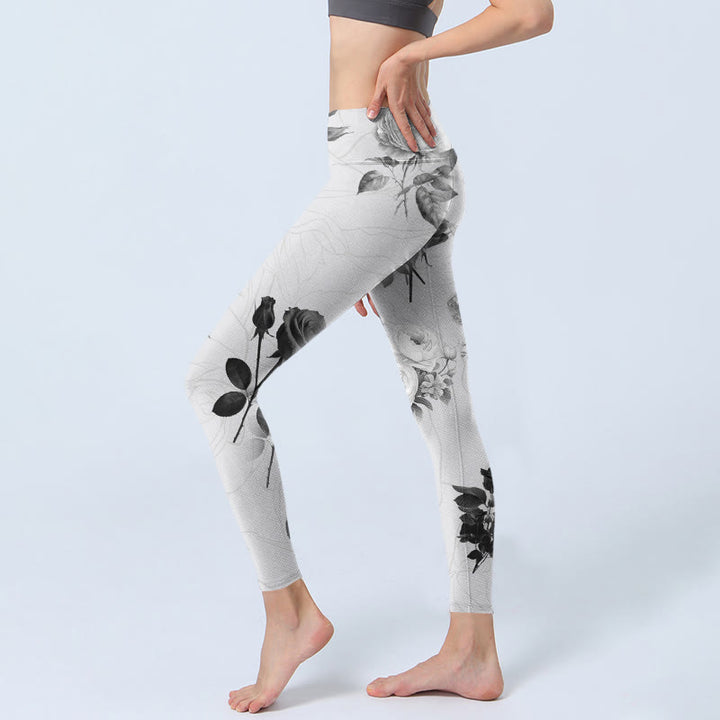 Leggings da palestra Buddha Stones Black White Rose Pantaloni da yoga da donna - image 3