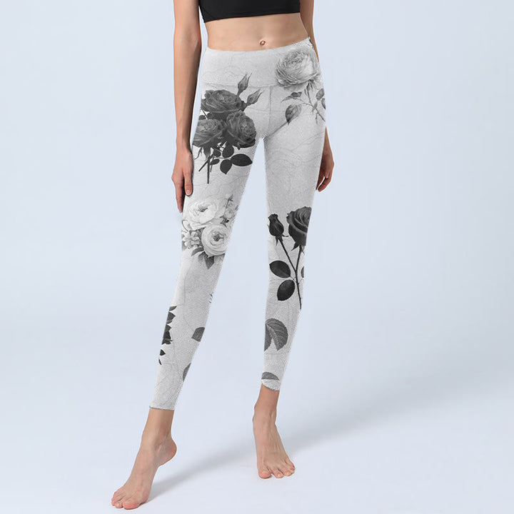 Leggings da palestra Buddha Stones Black White Rose Pantaloni da yoga da donna - image 6
