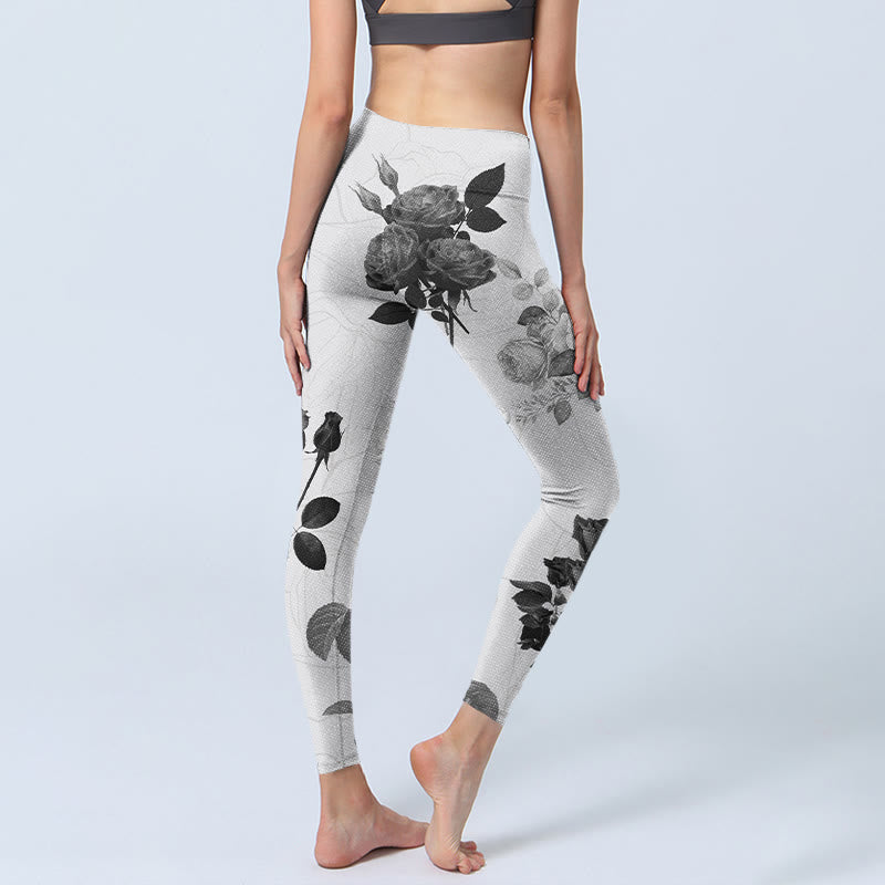 Leggings da palestra Buddha Stones Black White Rose Pantaloni da yoga da donna - image 5