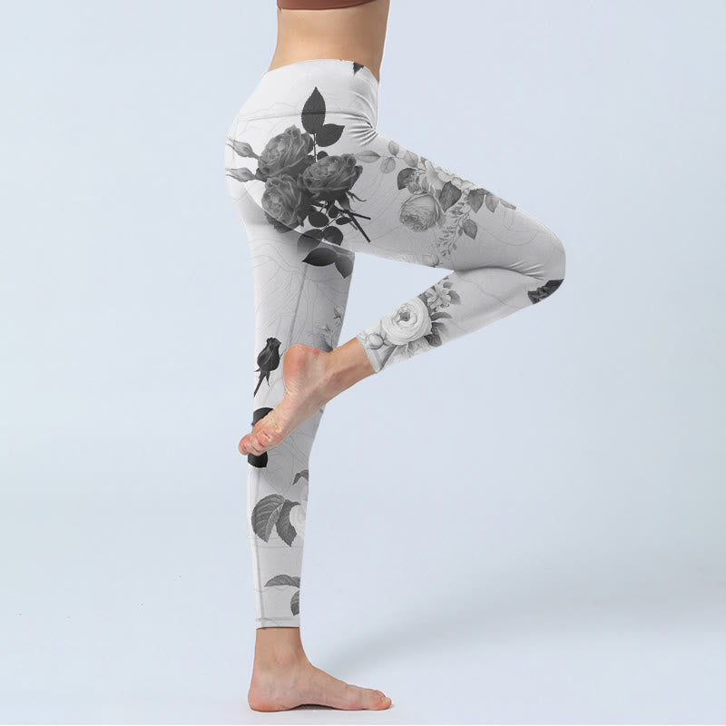 Leggings da palestra Buddha Stones Black White Rose Pantaloni da yoga da donna - image 4