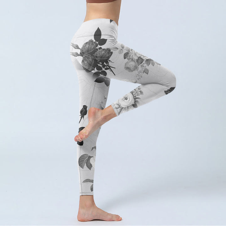 Leggings da palestra Buddha Stones Black White Rose Pantaloni da yoga da donna - image 4