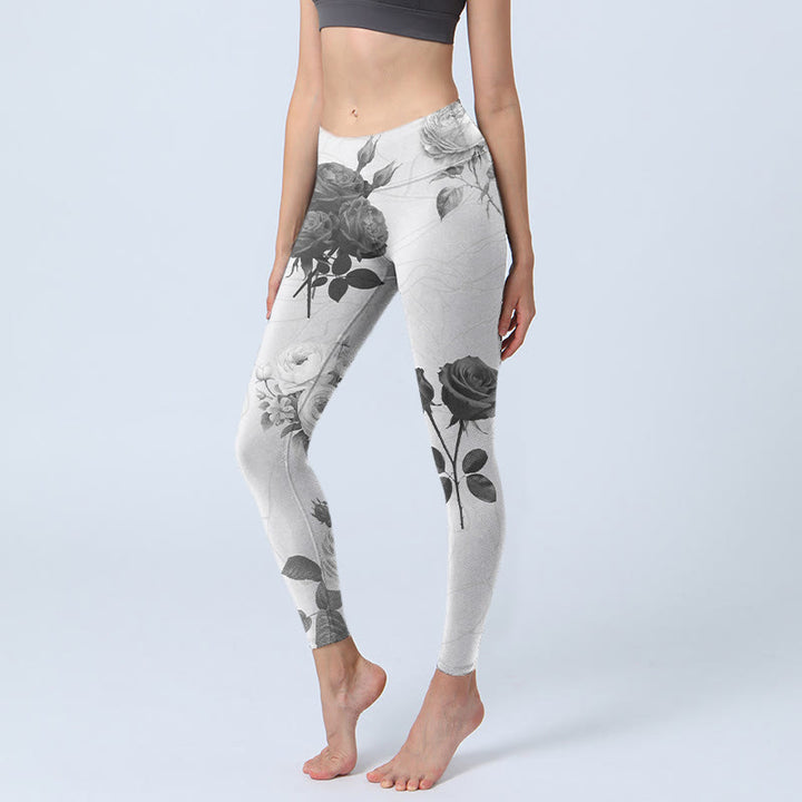 Leggings da palestra Buddha Stones Black White Rose Pantaloni da yoga da donna - Bianco - US18, UK/AU22, EU50 (4XL) - image 1