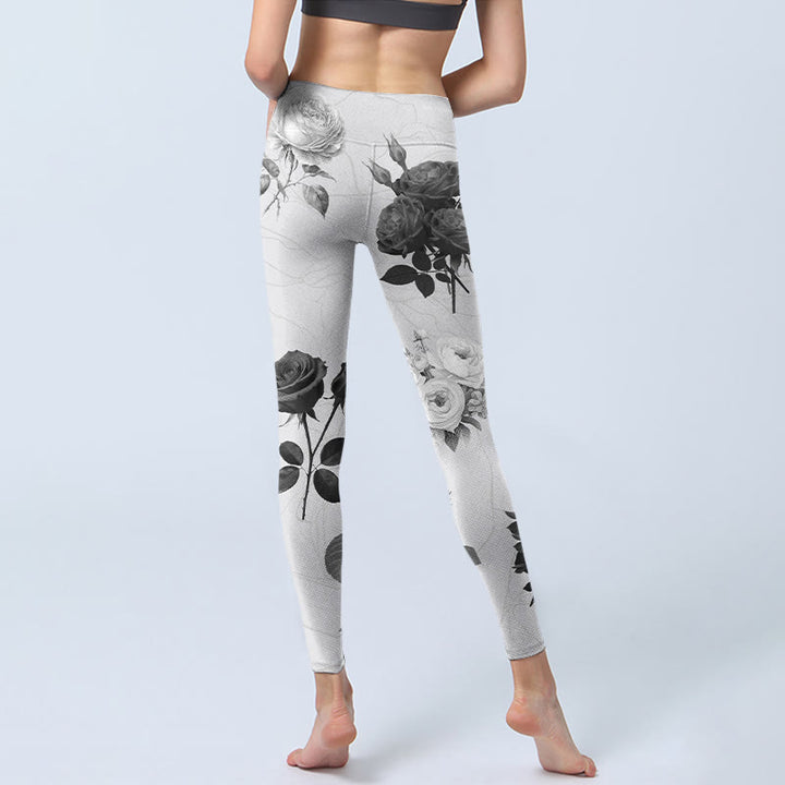 Leggings da palestra Buddha Stones Black White Rose Pantaloni da yoga da donna - image 7