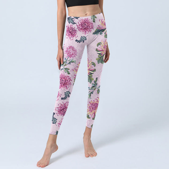 Leggings da palestra Buddha Stones Pink Chrysanthemum Pantaloni da yoga da donna - image 6