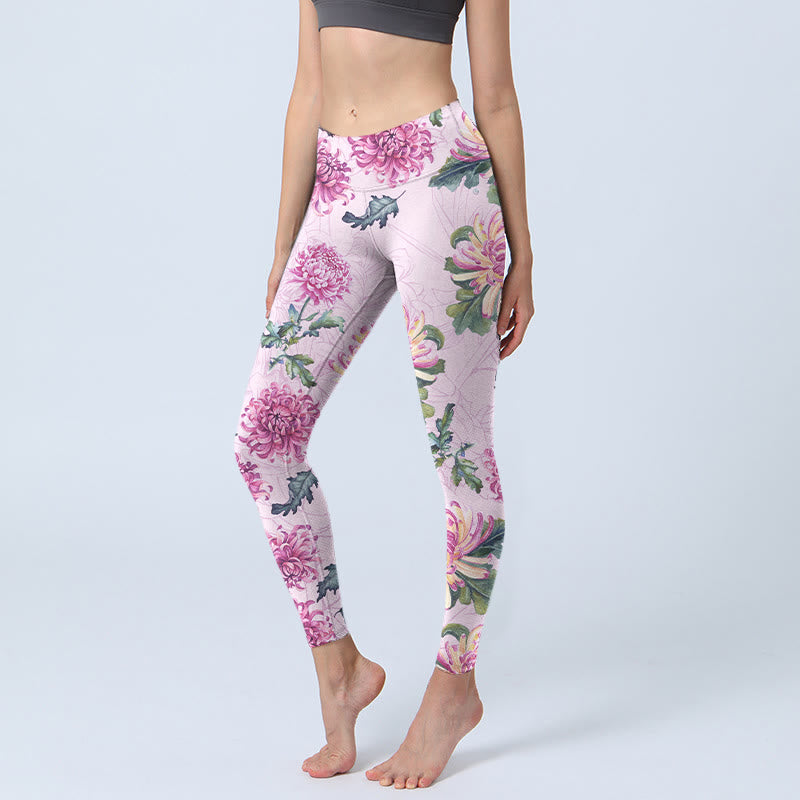 Leggings da palestra Buddha Stones Pink Chrysanthemum Pantaloni da yoga da donna - Prugna - US18, UK/AU22, EU50 (4XL) - image 1