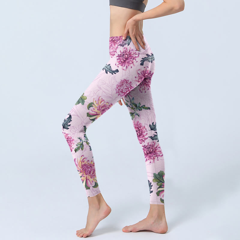Leggings da palestra Buddha Stones Pink Chrysanthemum Pantaloni da yoga da donna - image 2
