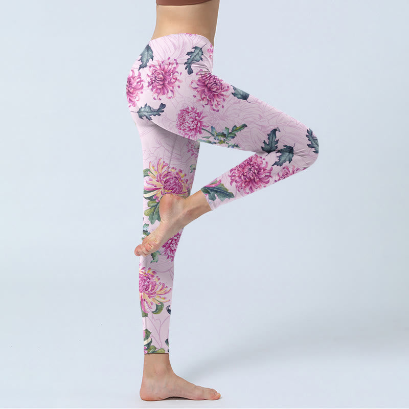 Leggings da palestra Buddha Stones Pink Chrysanthemum Pantaloni da yoga da donna - image 3